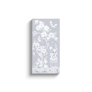 June, a tonal blue chinoiserie canvas wrap, available framed