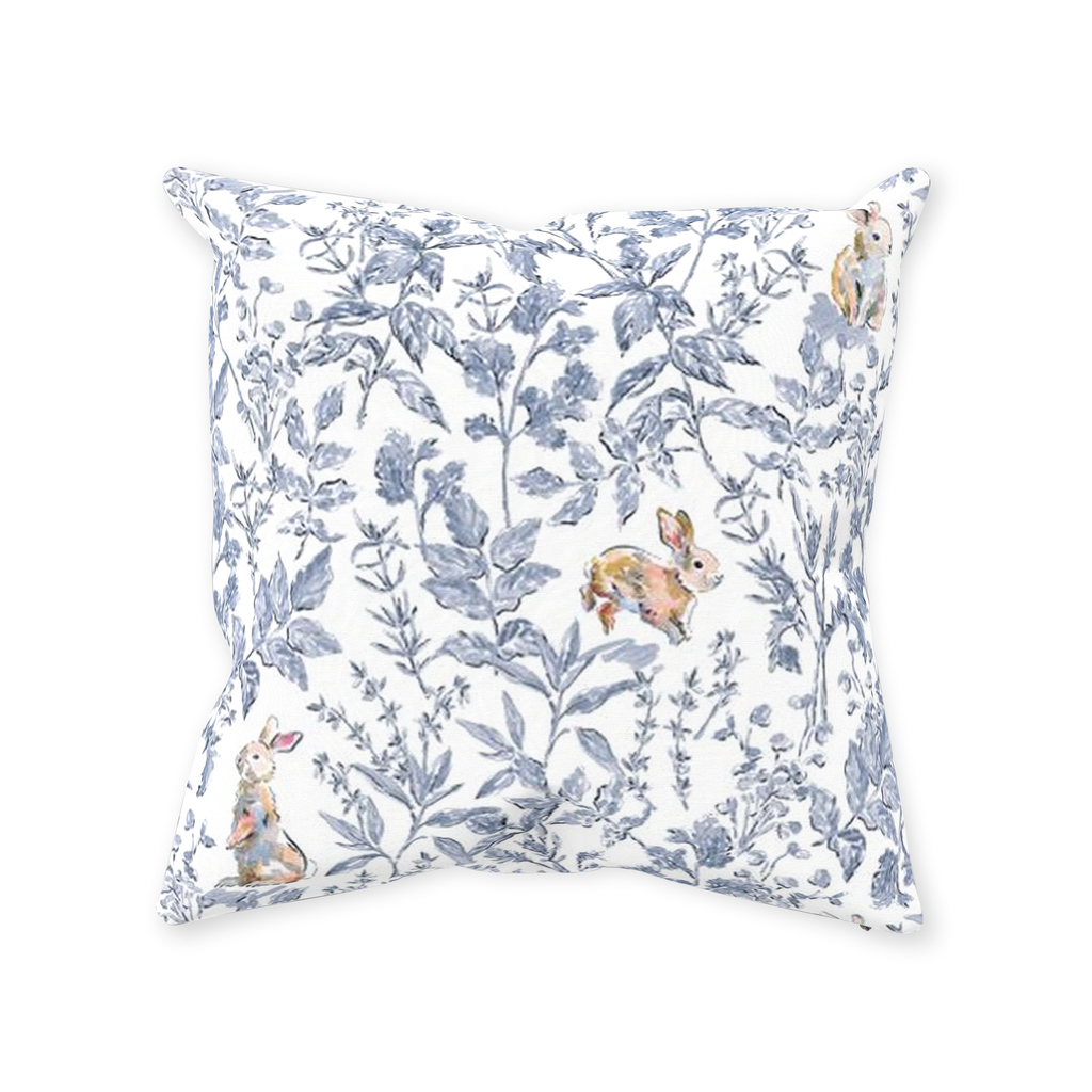 Bunny toile throw pillow, blue with colorful bunny