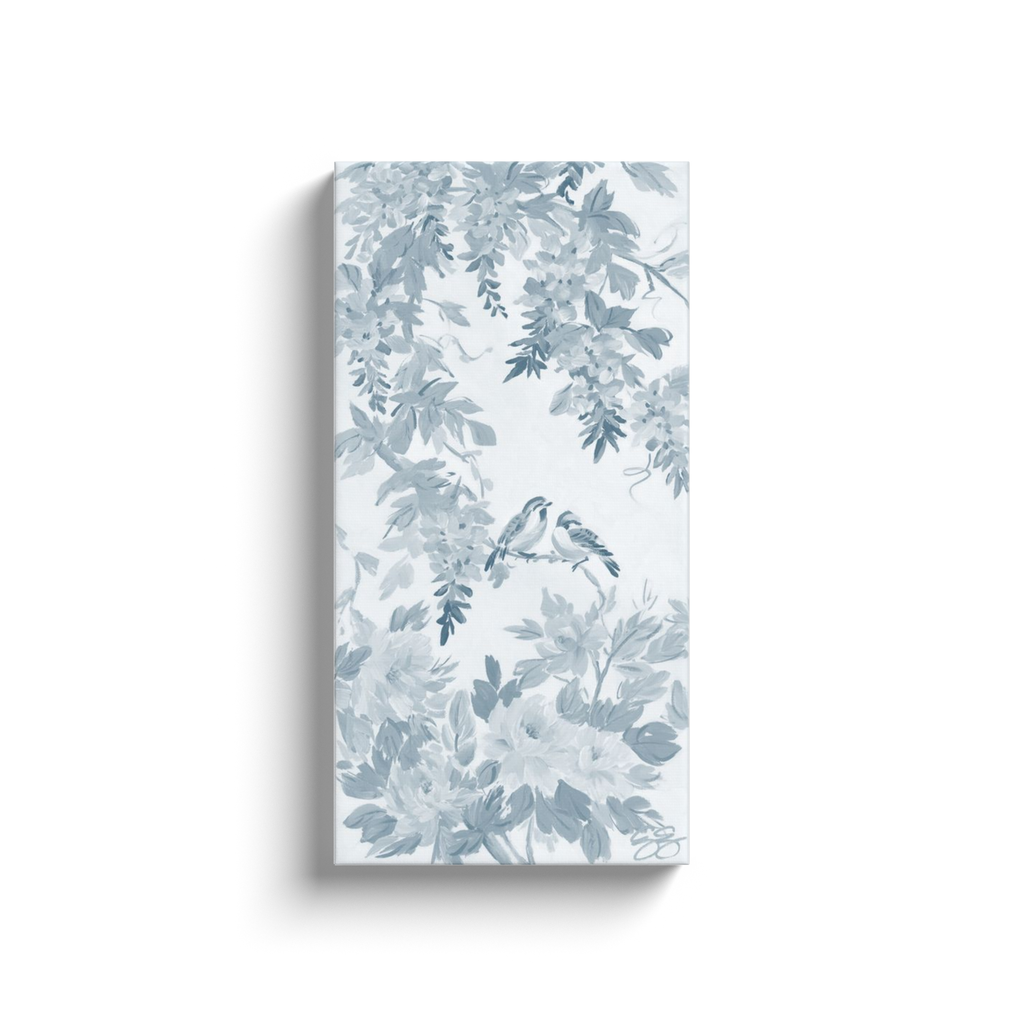 Blue and white artwork chinoiserie style, wisteria and peony flowers with two birds by Elizabeth Alice Studio, fine art print