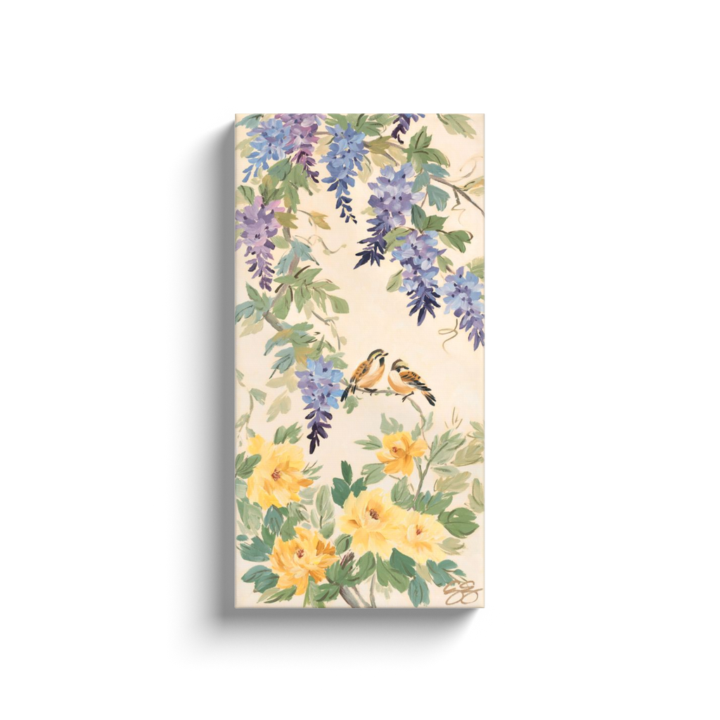 Amelia, a chinoiserie canvas wrap with purple wisteria, birds, and yellow peonies