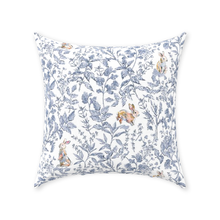 Load image into Gallery viewer, Bunny toile throw pillow, blue with colorful bunny
