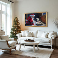 No. 419 Santa kneeling before Baby Jesus canvas wrap, available framed