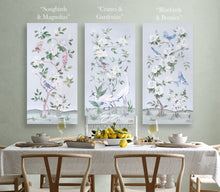Load image into Gallery viewer, Cranes and Gardenias, a light blue chinoiserie canvas wrap, available framed
