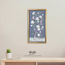 Load image into Gallery viewer, Songbirds and Magnolias, a dark blue chinoiserie canvas wrap, available framed
