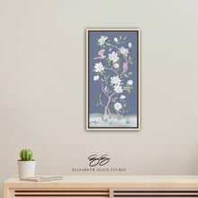 Load image into Gallery viewer, Songbirds and Magnolias, a dark blue chinoiserie canvas wrap, available framed
