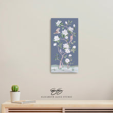 Load image into Gallery viewer, Songbirds and Magnolias, a dark blue chinoiserie canvas wrap, available framed
