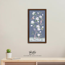 Load image into Gallery viewer, Songbirds and Magnolias, a dark blue chinoiserie canvas wrap, available framed

