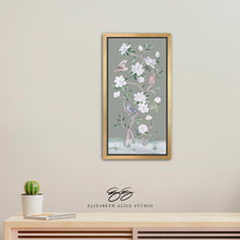 Load image into Gallery viewer, Songbirds and Magnolias, a green chinoiserie canvas wrap, available framed
