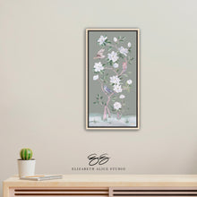 Load image into Gallery viewer, Songbirds and Magnolias, a green chinoiserie canvas wrap, available framed

