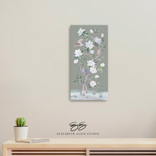 Load image into Gallery viewer, Songbirds and Magnolias, a green chinoiserie canvas wrap, available framed
