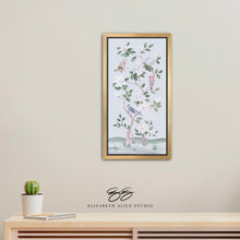 Load image into Gallery viewer, Songbirds and Magnolias, a light blue chinoiserie canvas wrap, available framed
