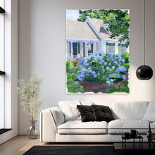 Load image into Gallery viewer, Cape house with blue hydrangea, a fine art print on paper
