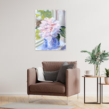 Load image into Gallery viewer, No. 396 Sarah Bernhardt peony in blue and white vase, a fine art print on canvas
