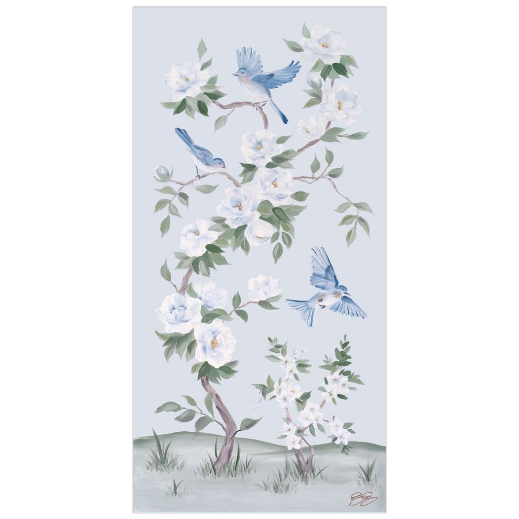 Bluebirds and Peonies, a light blue chinoiserie fine art print