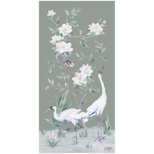 Load image into Gallery viewer, Cranes and Gardenias, a green chinoiserie fine art print
