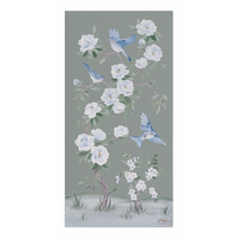 Load image into Gallery viewer, Bluebirds and Peonies, a green chinoiserie canvas wrap

