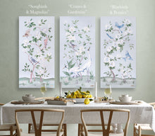 Load image into Gallery viewer, Bluebirds and Peonies, a light blue chinoiserie canvas wrap
