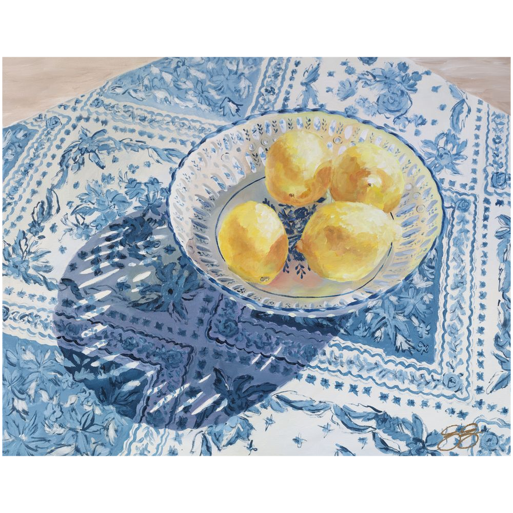 Patterned Shadow (lemons in blue and white bowl), a fine art print on canvas