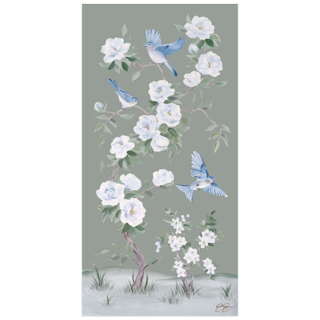 Bluebirds and Peonies, a green chinoiserie fine art print