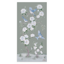 Load image into Gallery viewer, Bluebirds and Peonies, a green chinoiserie canvas wrap
