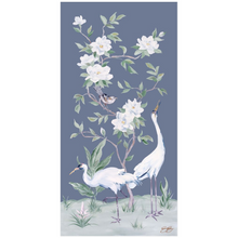 Load image into Gallery viewer, Cranes and Gardenias, a dark blue chinoiserie fine art print
