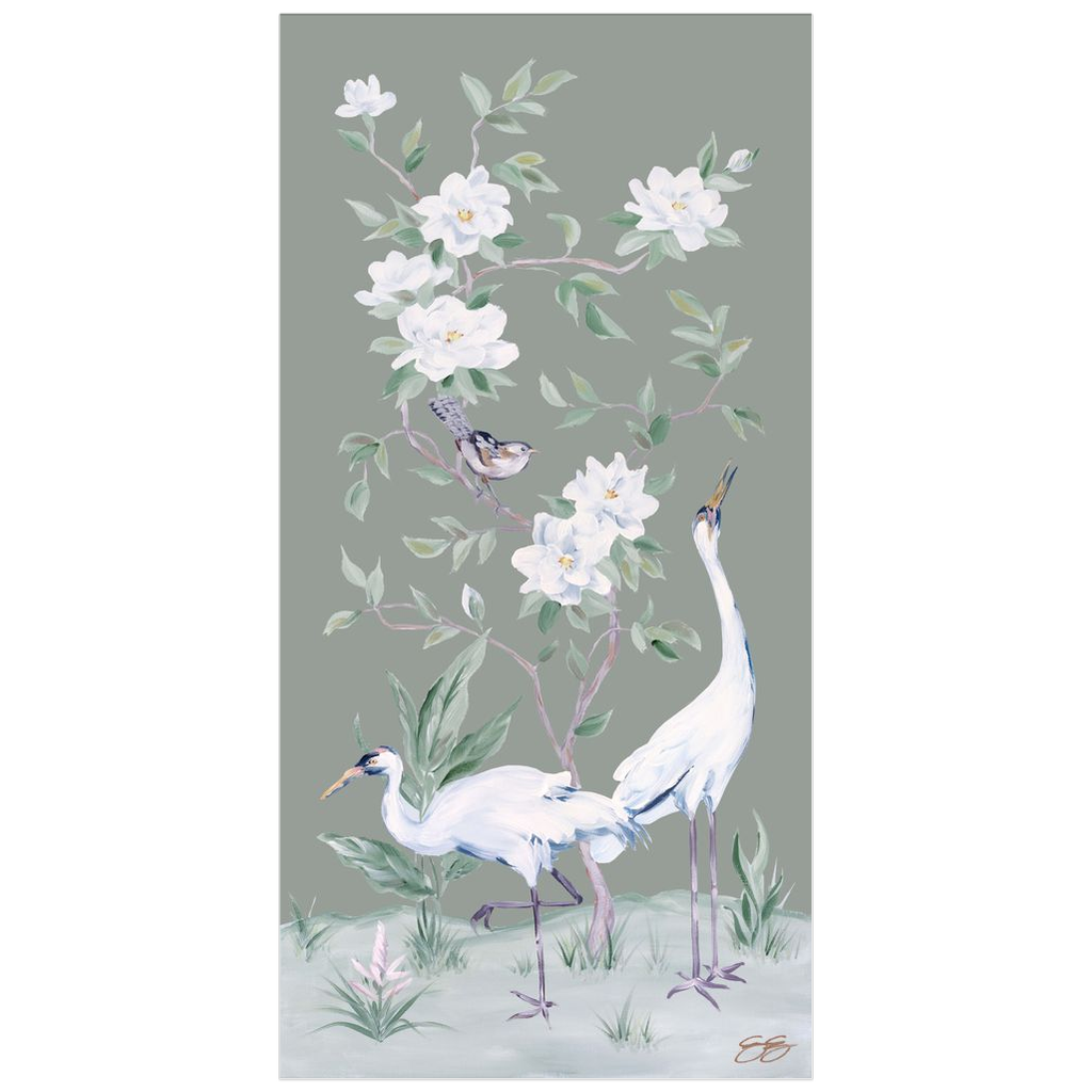 Cranes and Gardenias, a green chinoiserie fine art print