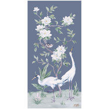 Load image into Gallery viewer, Cranes and Gardenias, a dark blue chinoiserie fine art print
