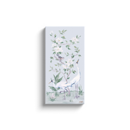 Cranes and Gardenias, a light blue chinoiserie canvas wrap, available framed