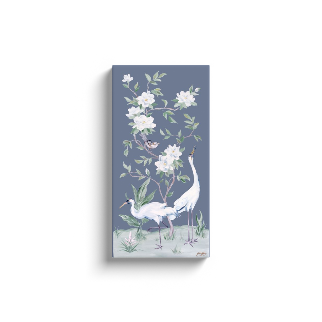 Cranes and Gardenias, a dark blue chinoiserie canvas wrap