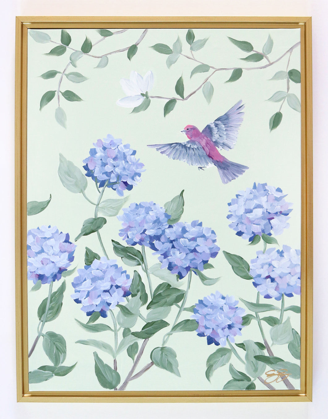 Purple Finch and Hydrangeas - 18 x 24