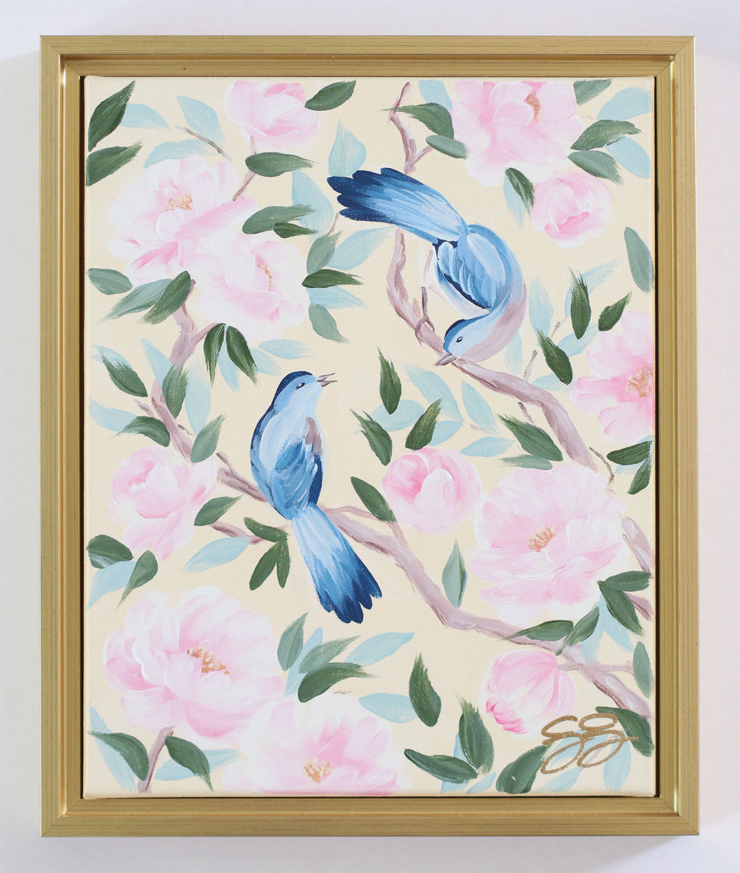 Bluebirds and Pink Peonies - 11 x 14