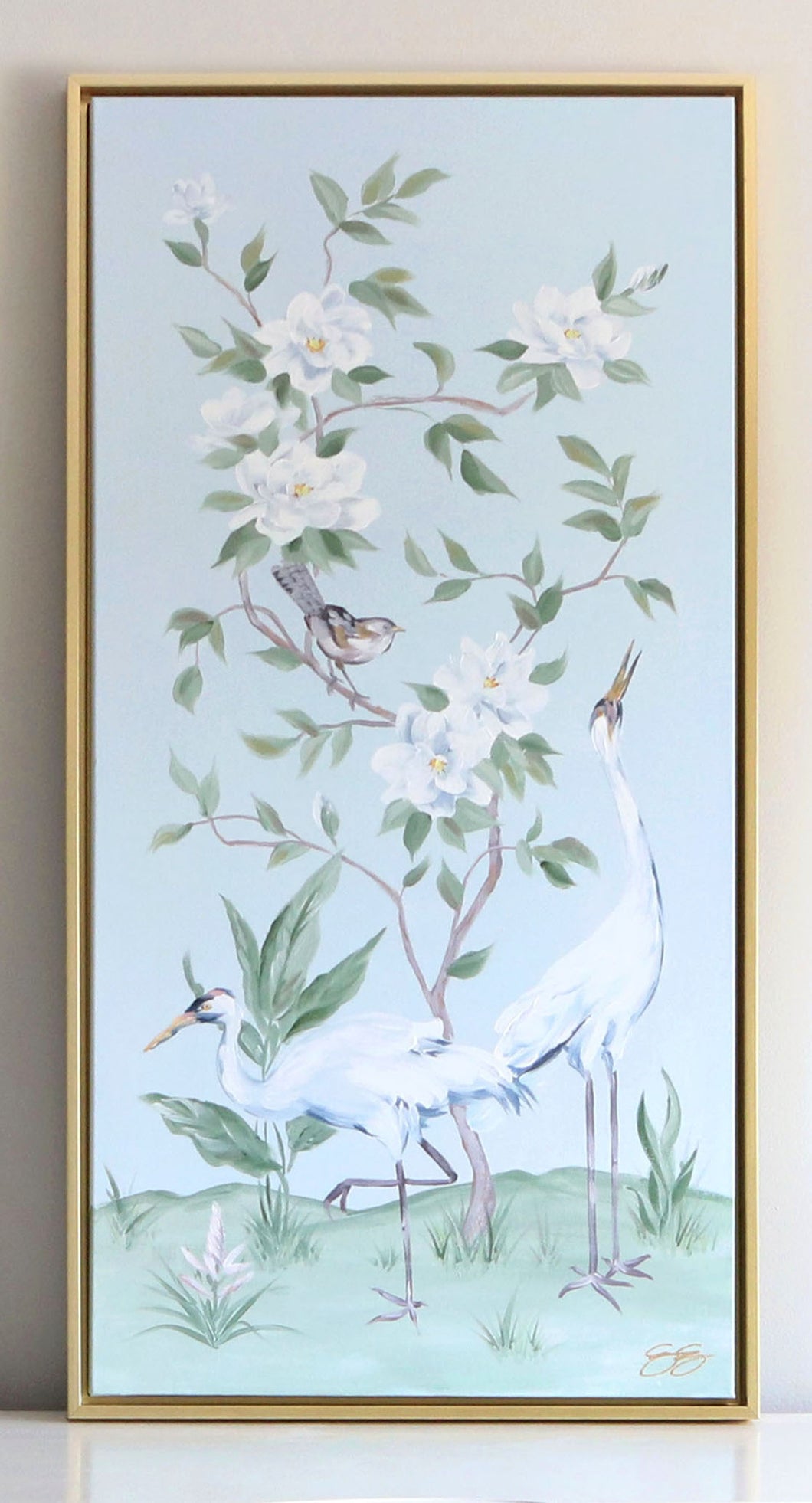 Cranes and Gardenias - 21 x 41 framed