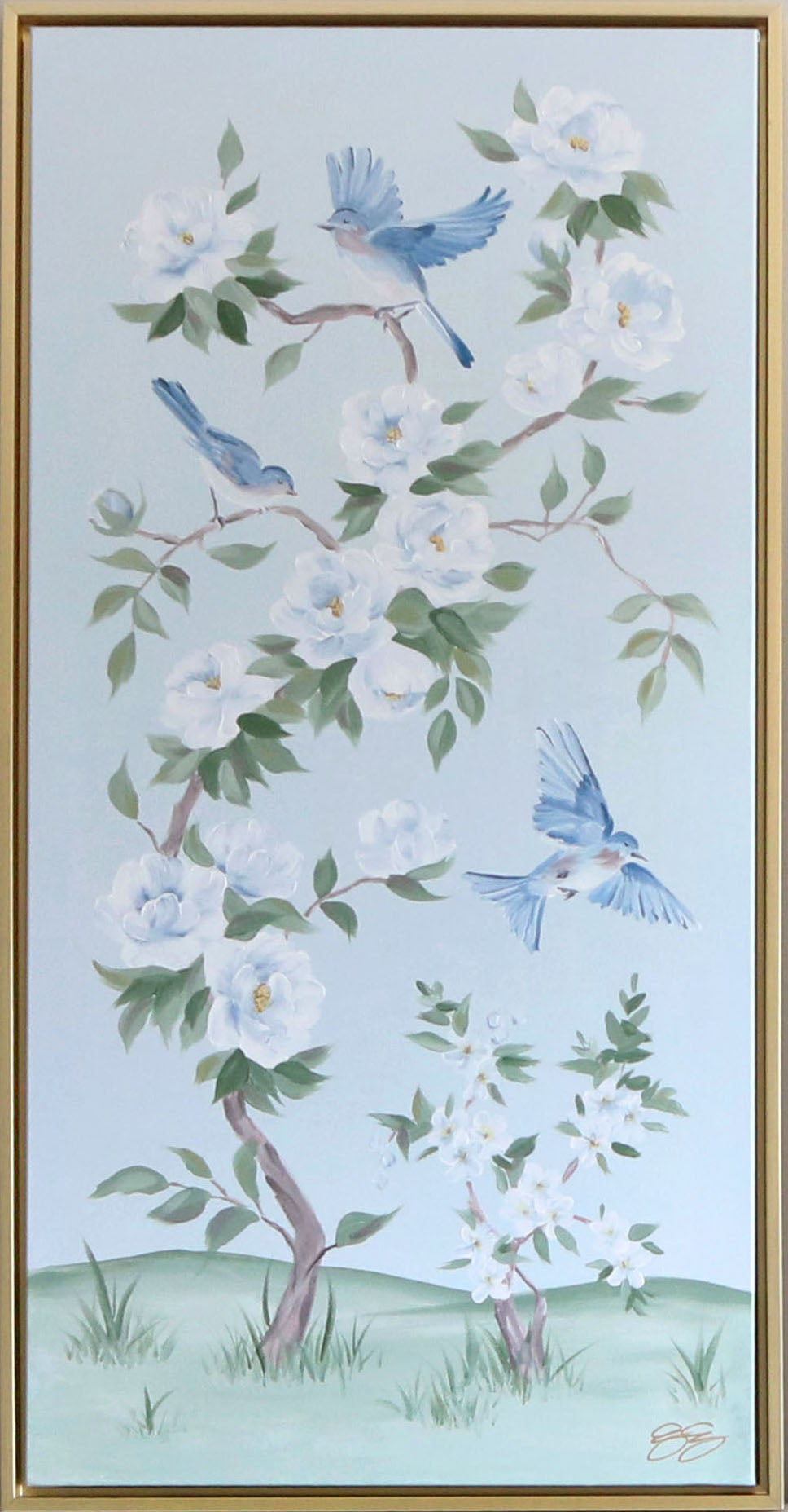 Bluebirds and Peonies - 21 x 41 framed