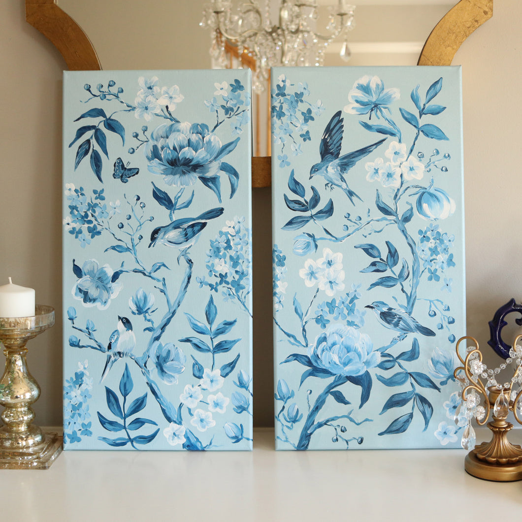 Blue chinoiserie diptych - set of two 12 x 24