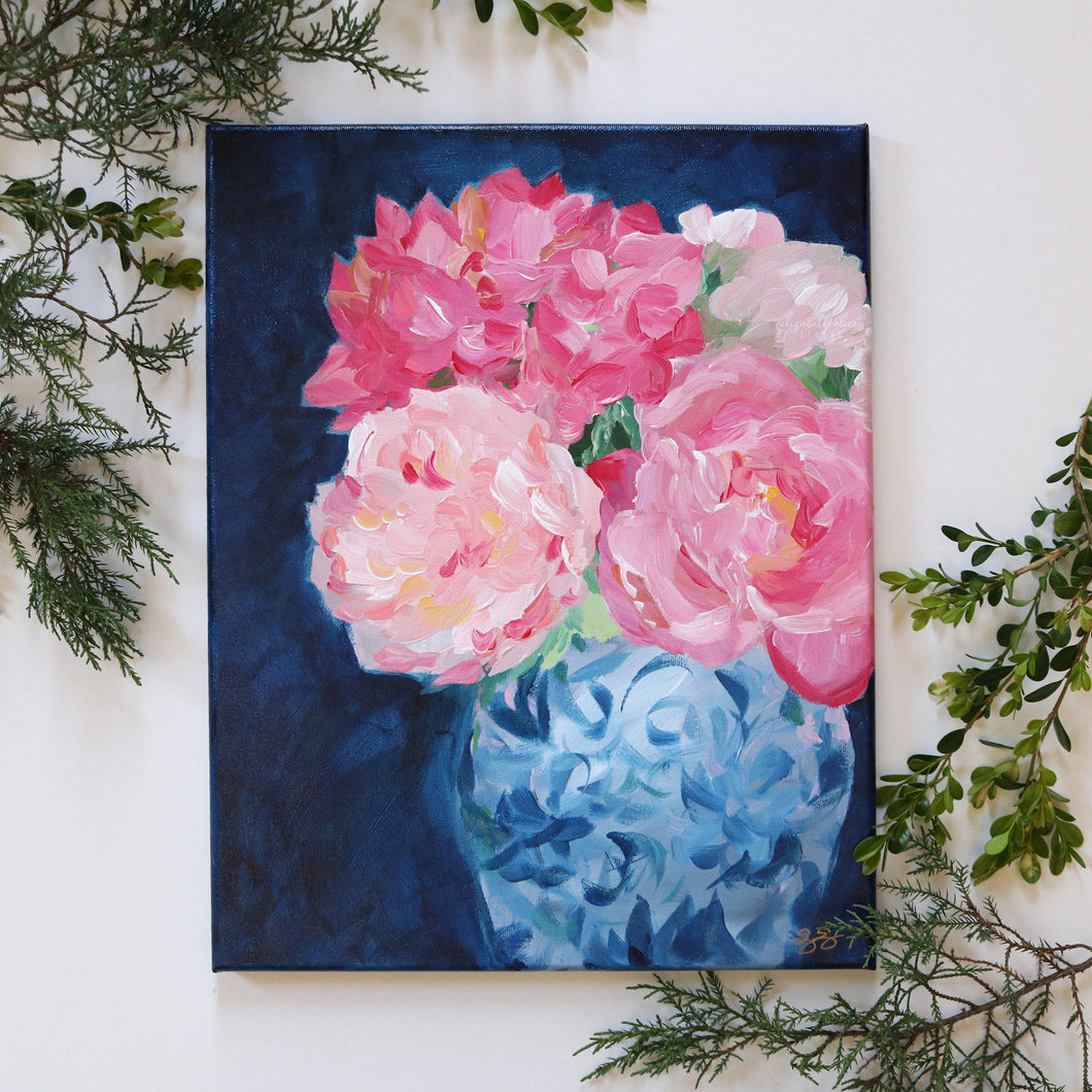 Pink and navy chinoiserie floral - 11 x 14
