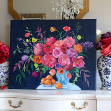 Load image into Gallery viewer, Navy chinoiserie bouquet with oranges - 24 x 30

