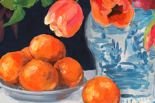 Load image into Gallery viewer, Navy chinoiserie bouquet with oranges - 24 x 30

