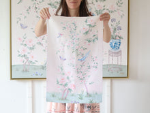 Load image into Gallery viewer, Pink floral dish towel, chinoiserie waffle weave dish towel by Elizabeth Alice Studio, pink and green with birds, flowers, peonies, cherry blossoms, and birds, feminine dish towel, pink kitchen accent accessories
