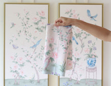 Load image into Gallery viewer, Pink floral dish towel, chinoiserie waffle weave dish towel by Elizabeth Alice Studio, pink and green with birds, flowers, peonies, cherry blossoms, and birds, feminine dish towel, pink kitchen accent accessories
