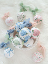Load image into Gallery viewer, Pastel hand-painted ornaments with chiffon ribbon in a bowl, pink green and blue hydrangeas, bows, grandmillennial ornaments by Elizabeth Alice Studio

