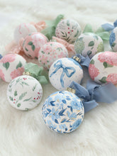 Load image into Gallery viewer, Pastel hand-painted ornaments with chiffon ribbon, pink green and blue hydrangeas, bows, grandmillennial ornaments by Elizabeth Alice Studio
