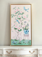 June, a pink chinoiserie canvas wrap, available framed
