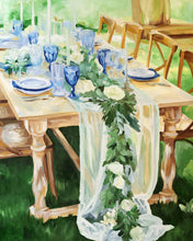 Load image into Gallery viewer, Elizabeth Alice Studio original acrylic painting, art of a tablescape, outdoor dining, wedding rustic table with flowers cascading down the side. Green blue white painting art. Garden Luncheon.
