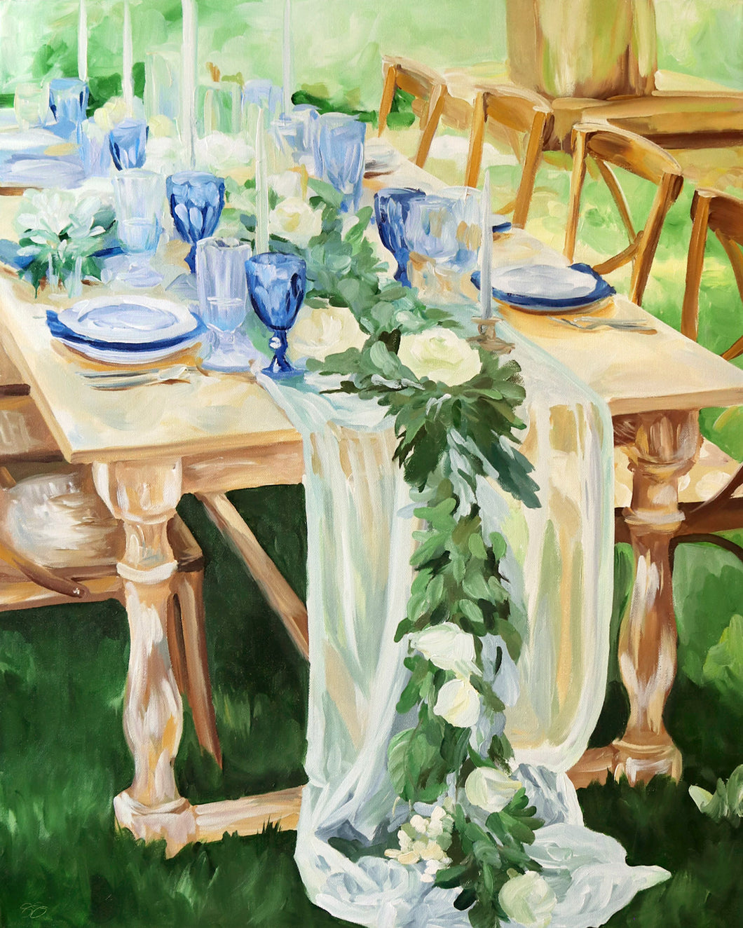Elizabeth Alice Studio original acrylic painting, art of a tablescape, outdoor dining, wedding rustic table with flowers cascading down the side. Green blue white painting art. Garden Luncheon.