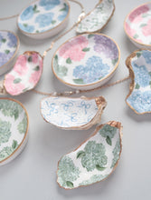 Load image into Gallery viewer, Hand-painted oyster shell ring dish: green hydrangea
