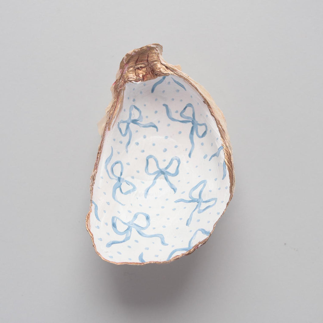 Hand-painted oyster shell ring dish: blue bow