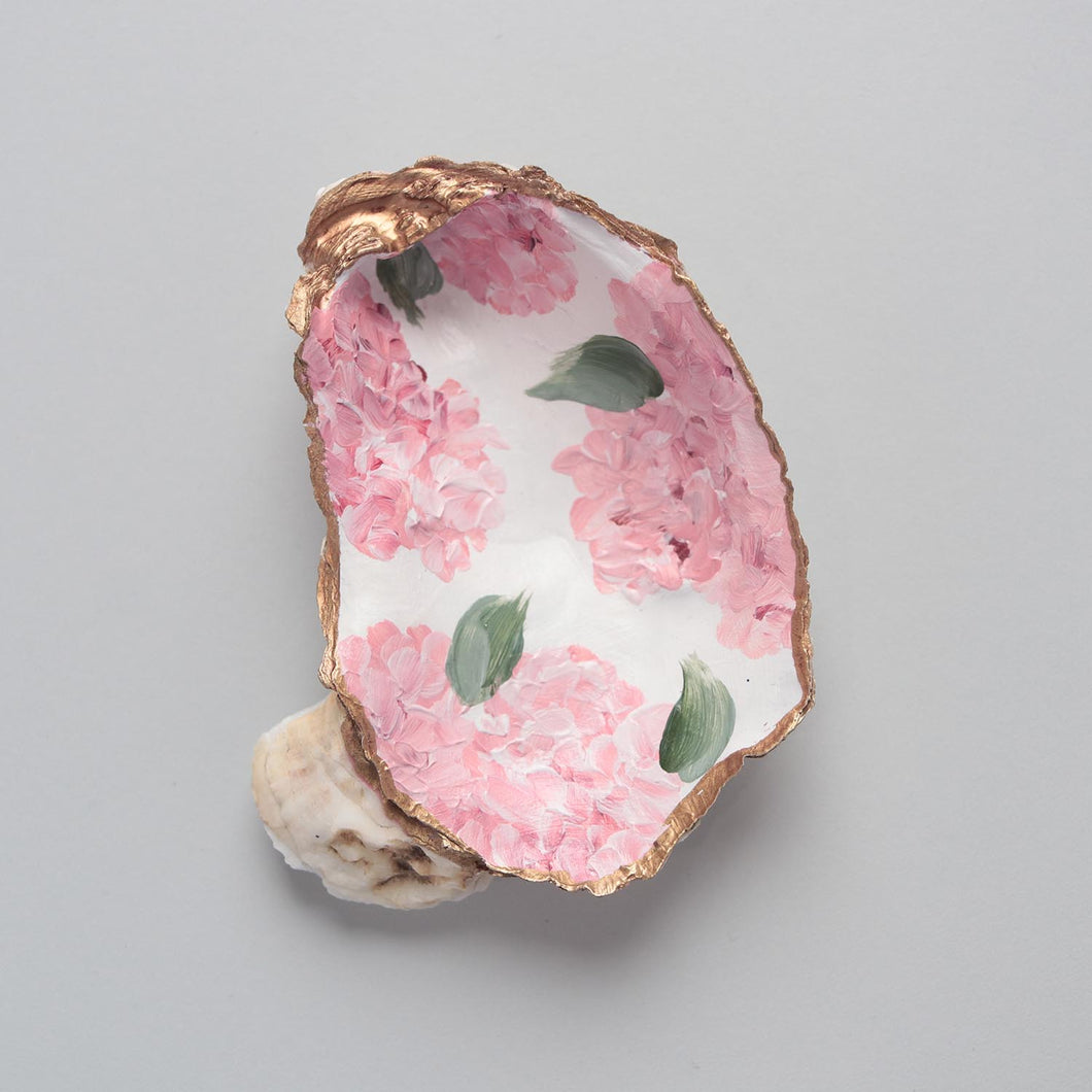 Hand-painted oyster shell ring dish: pink hydrangea