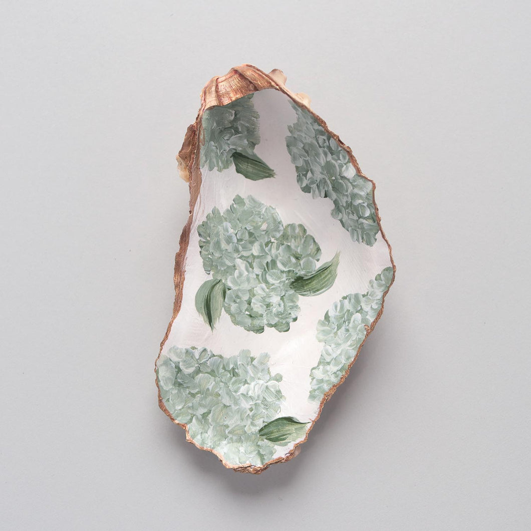 Hand-painted oyster shell ring dish: green hydrangea