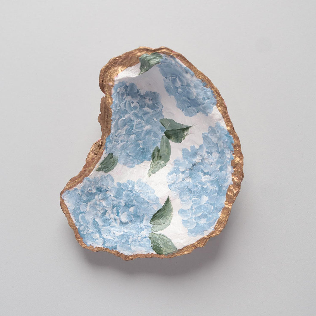 Hand-painted oyster shell ring dish: blue hydrangea