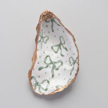 Load image into Gallery viewer, Hand-painted oyster shell ring dish: green bow
